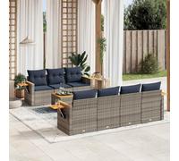 QUAHEAS Salon Jardin 8 pièces en résine tressée Gris avec Coussins Bleu Marine modulable encastrable Ensemble canapé Fauteuil Table Bois métal pour terrasse Balcon Patio extérieur détente Repas