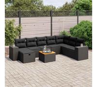 QUAHEAS Salon Jardin 9 pièces Noir résine tressée avec Coussins modulable encastrable Ensemble canapé Fauteuil Table extérieur terrasse Balcon Bois métal pour Repas détente Lounge Angle résistant
