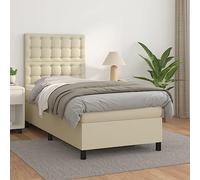 QUAHEAS Sommier à Lattes avec Matelas Crème 90x190 cm Similicuir Structure Robuste Support Chambre Adulte Enfant Studio avec tête réglable et Coffre intégré
