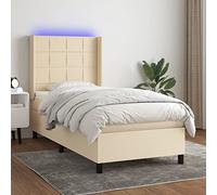 QUAHEAS Sommier à Lattes avec Matelas et Bande LED crème 90x200 cm en Tissu Respirant tête de lit réglable Cadre de lit Adulte Enfant Durable pour Chambre Studio Appartement