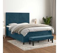 QUAHEAS Sommier à Lattes de lit Bleu foncé 140x190cm Velours avec Matelas Ressorts ensachés, surmatelas Doux, Banc Multifonctionnel, tête de lit réglable, Cadre Plateforme pour Chambre Adulte Enfant