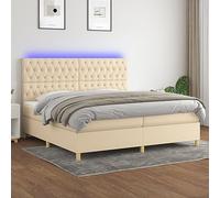 QUAHEAS Sommier à Lattes tapissier avec Matelas et LED crème 200x200cm Tissu Polyester 2 Matelas Ressorts ensachés 1 surmatelas Mousse tête de lit réglable Chambre Adulte Enfant Confort Durable