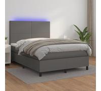 QUAHEAS Sommier à Lattes tapissier avec Matelas et LED Gris 140x190 cm Cadre lit Simili Cuir tête réglable pour Chambre Adulte Enfant Confort Durable Rangement intégré