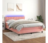 QUAHEAS Sommier à Lattes tapissier avec Matelas et LED Rose 140x200 cm Velours Cadre Bois Massif tête réglable pour Chambre Adulte Enfant Confort et Rangement