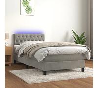 QUAHEAS Sommier à Lattes tapissier Gris Clair avec Matelas 90x200cm Velours tête de lit réglable LED intégrée Cadre lit Adulte Enfant Chambre Confortable