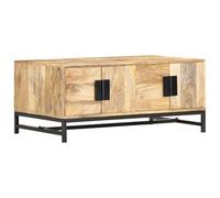 QUAHEAS Table basse 90 x 55 x 40 cm, en bois massif de mangue, marron, avec 2 compartiments, polie, pour salon, centre durable pour boissons et décoration