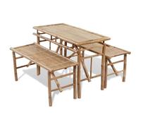 QUAHEAS Table de Brasserie en Bambou avec 2 bancs 100 cm, Ensemble Meuble Jardin extérieur pour terrasse, Patio ou Balcon, Design encastrable et Pliant, résistant pour Repas détente Convivial