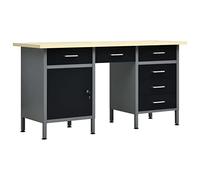 QUAHEAS Table de travail noire en acier 160 x 60 x 85 cm avec 6 tiroirs, réglable en hauteur, grand plateau en bois, espace de rangement, rangement à outils pour atelier, garage, salle de loisirs