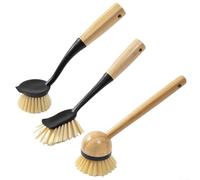 Qualoramall Lot de 3 brosses à vaisselle en bois à long manche avec grattoir intégré pour casserole, bol, évier, outils de nettoyage de cuisine, design à suspendre à la maison, blanc et noir