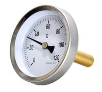 Qualoramall Thermomètre bimétallique 63 mm avec boîtier en acier inoxydable et manchon en laiton pour chaudière, chauffage central, casseroles, grills, barbecues et fumoirs, sonde axiale à visser 0