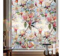 Qualsen Film Fenetre Anti Regard Vitrail, Motif de Fleur Magnolia, 60x200cm | Brise Vue Fenetre Effet Arc-en-Ciel Motif Décoratif, Film Electrostatique Vitre Non Adhesif Anti UV, pour Chambre Cuisine