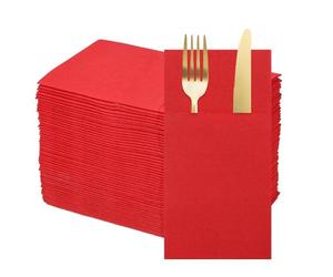 QUARKZMAN 100 Pcs Serviettes En Papier Jetables Avec Poches Intégrées Rouge | Pour Couverts, Serviettes De Table Pour Couteaux Et Fourchettes, Essuie-Mains Pour Mariage