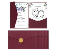 QUARKZMAN 12 Pcs Enveloppes À Poche Pour Invitations A7 Avec Autocollant De Cire Dorée 5x7 Cartes D'Invitation Triplie Pour Mariage Anniversaire Diplôme Invite À Poche, Rouge Bordeau