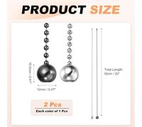 QUARKZMAN 2Pcs Chaîne de Tirage Ventilateur Plafond 50cm Noir/Argent | Prolongateur de Cordon à Perles avec Pendentif Boule, Tirette Décorative pour Ventilateur Lampe Sol Lustre