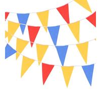 QUARKZMAN 30M/108ft Guirlande de Fanions Rouge, Bleu, Jaune à Suspendre avec 64 Fanions Triangulaires pour Jardin Extérieur, Mariage, Anniversaire