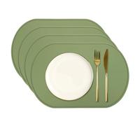 QUARKZMAN 4 Pcs Set De sous-Plats Ovales en Silicone 15.4" x 10.4" Vert | Anti-Dérapants Lavables Résistants À La Chaleur, Avec Bord Surélevé, Pour Protection De Table Cuisine Bureau