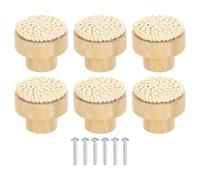 QUARKZMAN 6 Pack Poignées De Tiroir En Rotin, 1.38" Poignées De Tiroir Tissées À La Main En Rotin Poignées De Meuble Ronde En Bois De Hêtre Avec Vis Pour Meuble Armoire Placard, Blanc