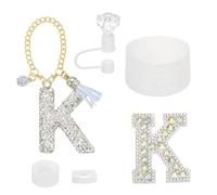 QUARKZMAN Ensemble d'Accessoires Gobelet 30/40OZ Blanc Lettre K | Décorations Initiales pour Gobelet Stanley, Bouchon Paille Diamant, Porte-clés, Autocollant, Base Silicone, Manchon, Bouchon