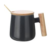 QUARKZMAN Tasse à Café en Céramique 12.85 Oz Grande Tasse à Thé Avec Poignée en Bois Simple Ensemble de Mug en Céramique Artisanal Avec Couvercle et Cuillère, Noir
