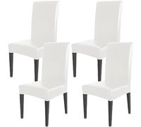 Qubjus Housses de chaise et de table, en cuir PU solide imperméable et résistant à l’huile, extensibles, protège-chaise et table (Blanc, lot de 4)