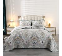 Qucover Couvre Lit 2 Personnes 220x240cm, Boutis Coton Motif Baroque Luxueux, Dessus de Lit Bleu Gris avec 2 Taies d'Oreiller 50x70cm
