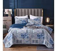 Qucover Couvre-lit en Coton, Boutis Couvre-lit de Luxe Patchwork avec 2 Taies d'oreiller 50x70cm en Motif Floral, Courtepointe Imprimée Grande Décoration Luxieuse Fait à la Main (Bleu, 220x240cm)