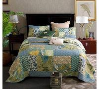 Qucover Couvre-lit en Coton, Boutis Couvre-lit de Luxe Patchwork avec 2 Taies d'oreiller 50x70cm en Motif Floral, Courtepointe Imprimée Grande Décoration Luxieuse Fait à la Main (Vert, 230x230cm)