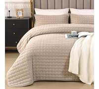 Qucover Couvre Lit Matelassé Élégant Super Doux et Confortable en Coton Lavé, Couvre Lit avec Un Motif Moderne de Point de Croix (Kaki, 220x240cm)