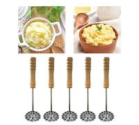 Qudinip Presse-purée en Acier Inoxydable, Manche Ergonomique en Bois, Broyeur Manuel pour la Cuisine, Ensemble de 5 Pièces