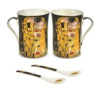 Queen Isabell Lot de 2 grandes tasses à café 250 ml avec cuillère « Le baiser » de Gustav Klimt Noir Idée cadeau en porcelaine