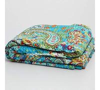 QueenTwinKing size Couvrelit indien matelassé fait à la main Imprimé cachemire En coton Kantha Housse de lit, housse de canapé, couvrelit bohème Turquoise 152 x 228 cm Avec 2 taies