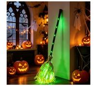 Quentis Balai de sorcière avec lumière LED verte, décorations d'Halloween | Tête de paille moelleuse, 82 cm/90 cm de haut, fonctionne avec des piles AA, accessoire de cosplay lumineux