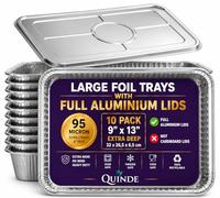 QUINDE Grands plateaux en aluminium avec couvercles - Lot de 10 - Récipients en aluminium robuste avec couvercles 3500 ml (22,9 x 33 cm), plateaux profonds en aluminium pour rôtir la dinde