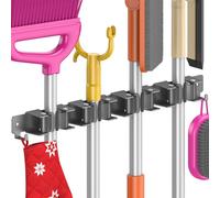 Quirlig Porte Balais Mural, Accroche Balai Mural avec 4 Supports et 2 Crochets, Support Balais Mural sans Percage, Attache Rangement Balai, Porte Outils de Jardin Mural, Noir