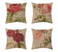 Quitey Housses de Coussin 35x35cm Lot de 4 Fleur rétro Carré Décoratif Canapé Housse Coussin Motif Lin Taie d'oreiller Moderne Decoration Maison Salon Chambre Chaise Jardin Exterieur Housse Coussin