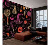Quixora Papier peint photo intissé Halloween pour Chambre D'enfant | papier peint pour Enfants, décoration murale, papier peint Résistant aux UV Chapeau de sorcier Citrouille-lanterne,