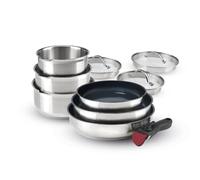 Qulinart by Brandt - Batterie de Cuisine à Induction 10 Pièces - Set de 3 Casseroles, 3 Poêles Anti-Adhésives, 3 Couvercles et Poignée Amovible - Acier Inoxydable - Tout Feu - Argenté/Noir