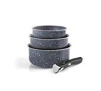 Qulinart by Brandt - Batterie de Cuisine à Induction 4 Pièces - Set de 3 Casseroles en Aluminium Anti-Adhésives 16, 18 et 20 cm avec Poignée Amovible - Lot pour Tout Feu - Gris Marbre