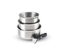 Qulinart by Brandt - Batterie de Cuisine à Induction 4 Pièces - Set de 3 Casseroles en Inox 16, 18 et 20 cm avec Poignée Amovible - Acier Inoxydable - Lot pour Tout Feu - Argenté
