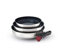 Qulinart by Brandt - Batterie de Cuisine à Induction 4 Pièces - Set de 3 Poêles Anti-Adhésives 20, 24 et 26 cm avec Poignée Amovible - Acier Inoxydable - Tout Feu - Sans PFOA - Argenté/Noir