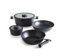 Qulinart by Brandt - Pack de Cuisine Empilable en Aluminium Forgé - 5 Pièces avec Poignée Amovible, Casseroles 16 et 28 cm, Poêle et Wok 28 cm - Noir