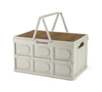 Qunature Boîte Camping Pliable 26L/55L/60L Caisse Rangement 5 Voies Ouvertures avec Couvercle Bois Planche Comme Billot Table Voyage Famille Coffre Voiture PP Blanc Charge Interne 30kg Externe 50kg