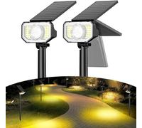 Quntis Lot de 2 Spot Solaire Extérieur Blanc Chaud, Projecteur Solaire 9 Modes d'Eclairage avec 2 Types de Lentilles, Lumière Solaire IP65 Etanche, Lampe Solaire pour Jardin Terrasse Mûr Cour