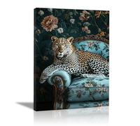 QUSAAOU Murale EsthéTique Léopard sur siège ancien rembourré turquoise Murales ColoréEs Sur ThèMe Des Animaux Pour Maison Bureau DéCoration Style Naturel Pour Salon(Bleu clair)-40x60cm Encadrée