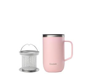 QWETCH - Mug Isotherme Inox Recy vec Anse & Filtre Infuseur Pastel Rose - Tisanière Isotherme 470ml - Thermo Café & Thé - 6h Chaud & 12h Froid - Bouchon Coulissant Anti-Éclaboussures