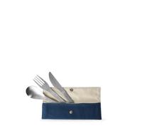 Qwetch - Set de 3 Couverts en Inox & Pochette Textile Coton Bio- Ensemble de couverts Lunch Box, Lavable au Lave Vaisselle, pour Bureau, Pique-Nique, Camping, Voyage (Bleu Nuit)