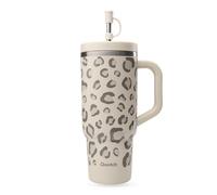 QWETCH - Travel Cup 900ml avec Paille & Anse - 48h Glacé / 12h Froid - Gourde Isotherme Inox Recyclé - Mug avec Bouchon à Vis Anti-Éclaboussures - Tasse Thermo - Leopard Sable