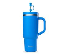 QWETCH - Travel Cup 900ml avec Paille & Anse - 48h Glacé / 12h Froid - Gourde Isotherme Inox Recyclé - Mug avec Bouchon à Vis Anti-Éclaboussures - Tasse Thermo - Bleu Azur