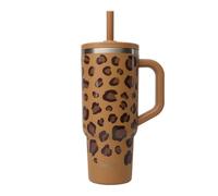 QWETCH Travel Cup Isotherme 900ml Étanche avec Paille Rabattable - Mug Isotherme Inox Recy vec Anse - Garde 48h Glacé / 12h Froid - Tumbler Isotherme - Gourde Compatible Porte-Gobelet - Léopard