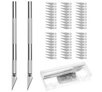QWORK® 2 Cutter de Précision avec 60 Lames SK-5 en Acier - Scalpel de Sculpture à Manche Métallique Antidérapant pour Modélisme, Bricolage & Art - Kit de Couteaux de Loisirs Créatifs, Argent